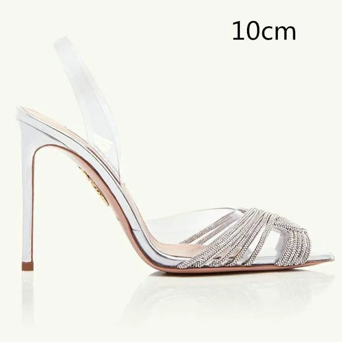 Summer Women's Back Strap Pumps Transparent Rhinestone Pointed Toe High Heels