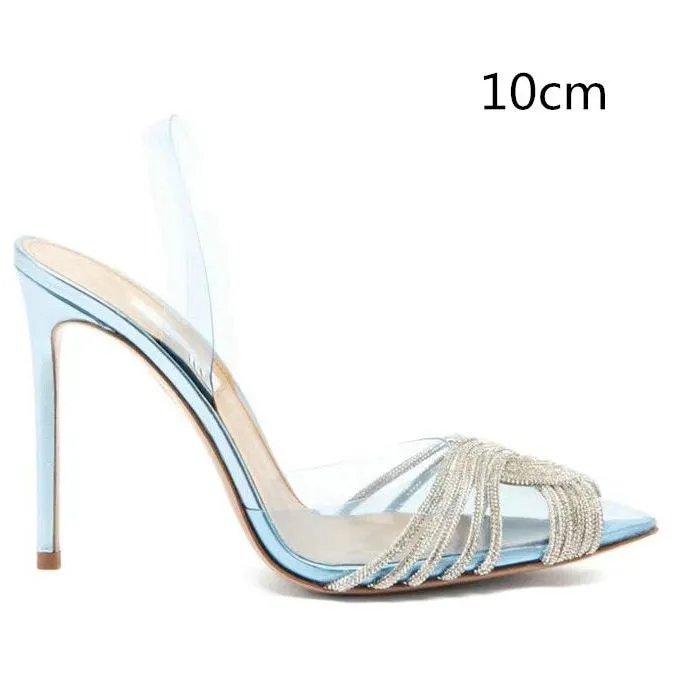 Summer Women's Back Strap Pumps Transparent Rhinestone Pointed Toe High Heels