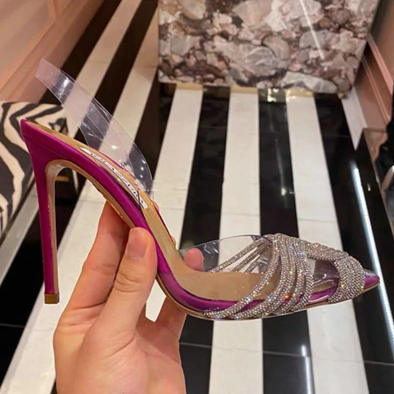 Summer Women's Back Strap Pumps Transparent Rhinestone Pointed Toe High Heels