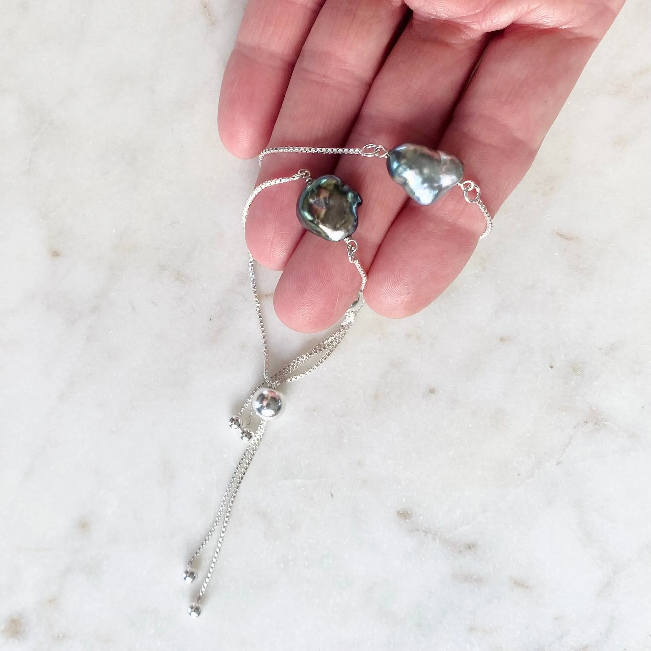 Tahitian Keshi Pearl Silver Adjustable Bracelet