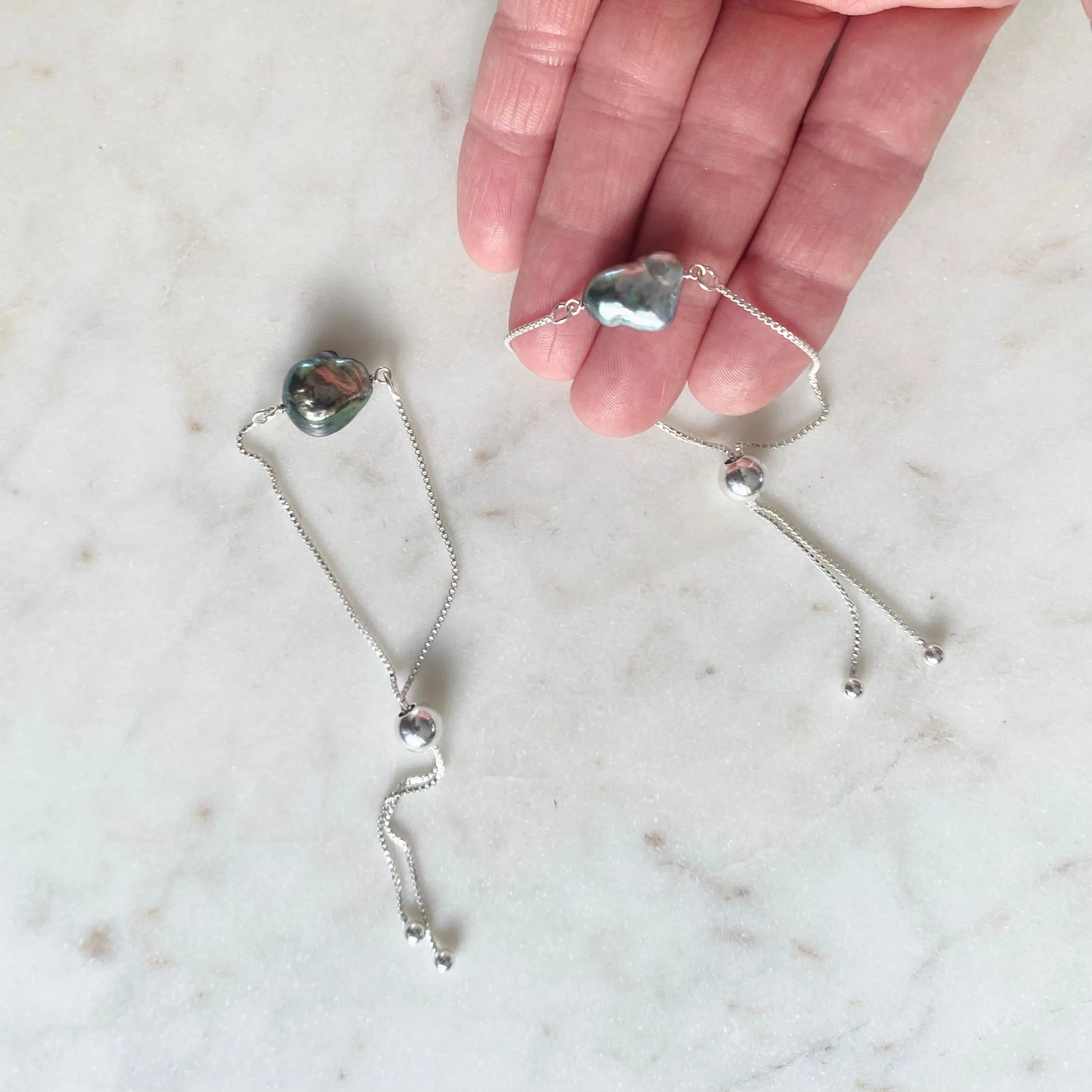 Tahitian Keshi Pearl Silver Adjustable Bracelet