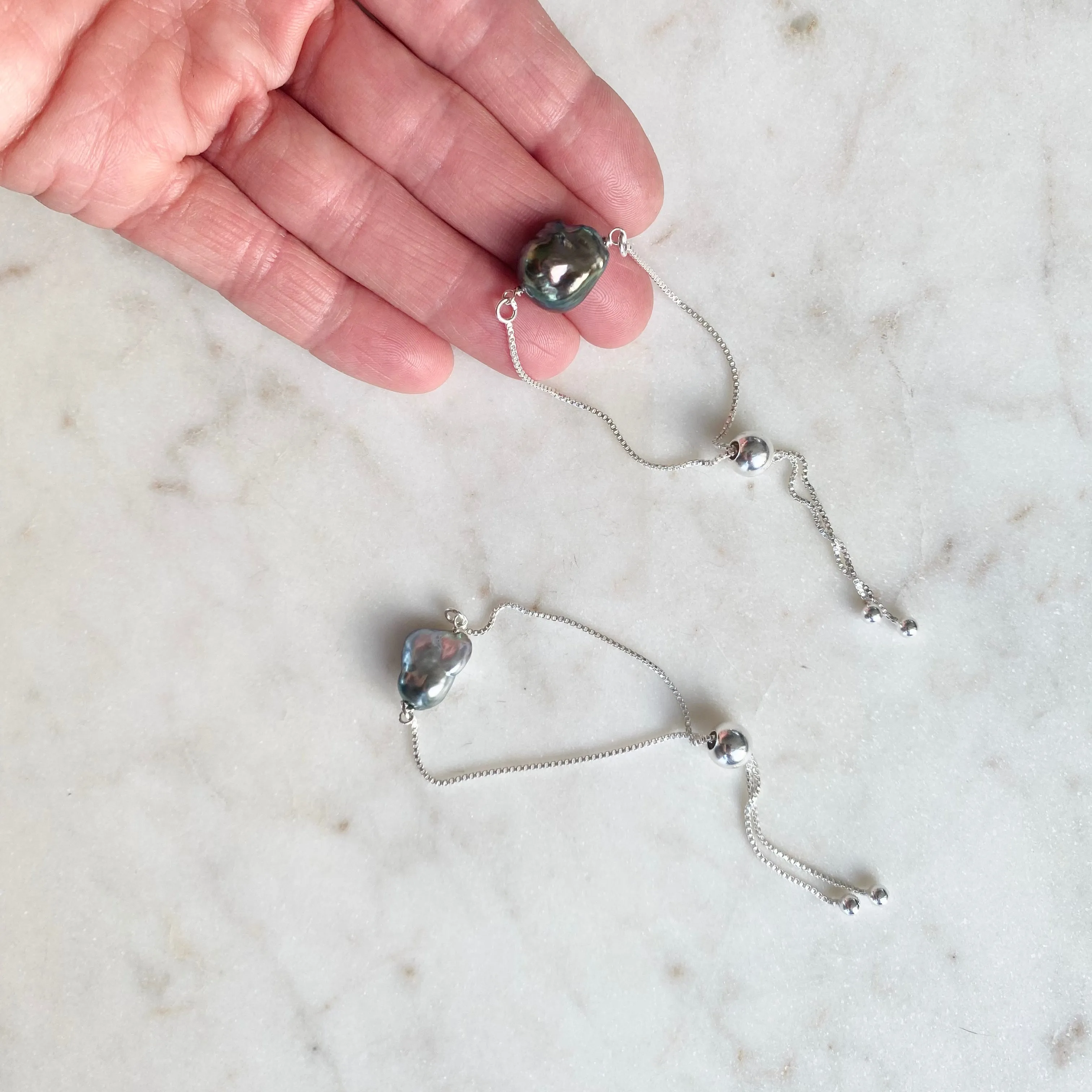 Tahitian Keshi Pearl Silver Adjustable Bracelet