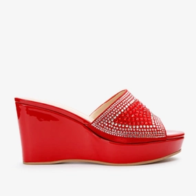 The Barneveld Red Glitter Leather Wedge Heel Women Sandal Simple Entry Criss Cross Straps