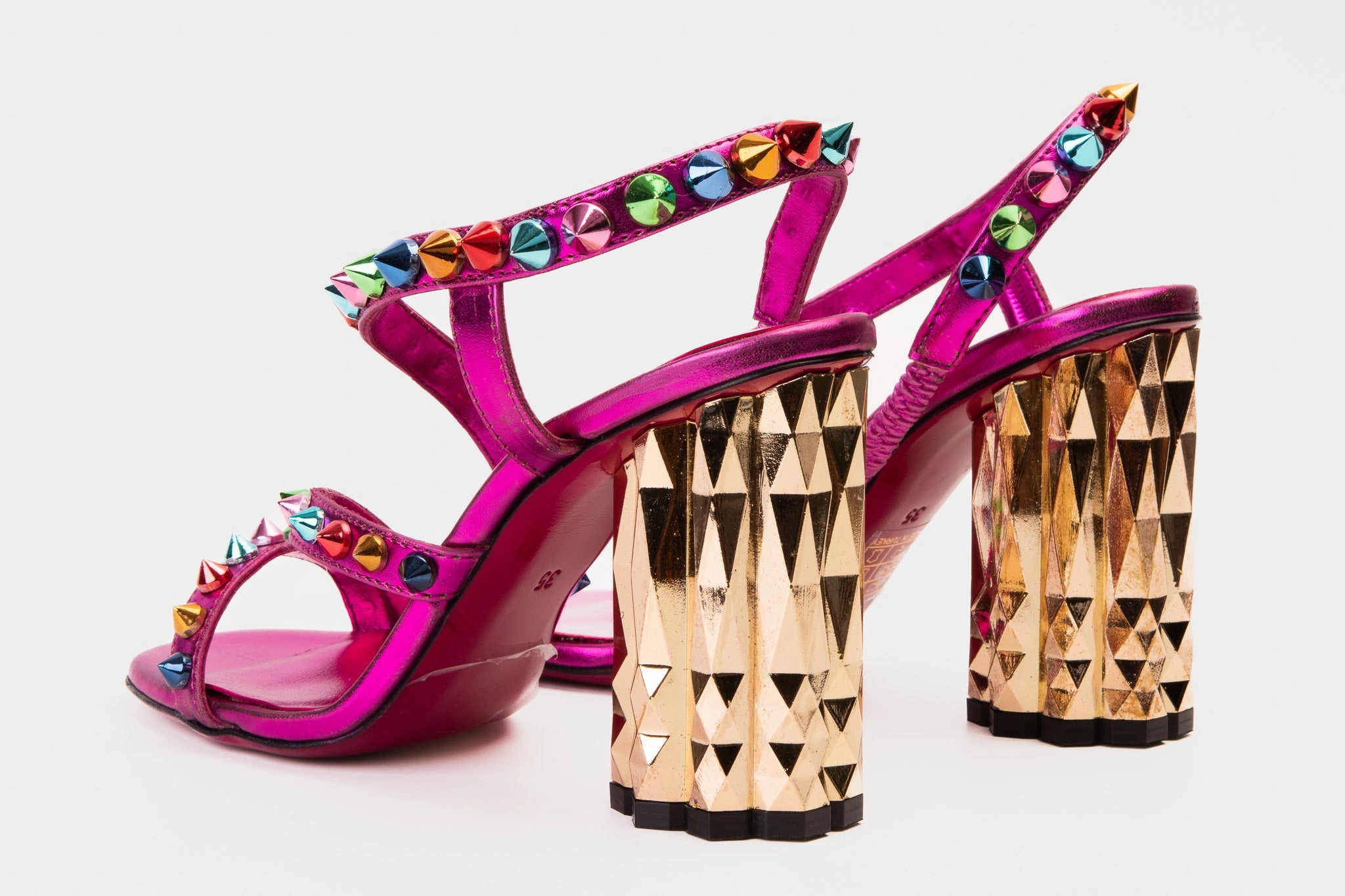 The Caris Fuchsia Block Heel Spike Leather Women Sandal Final Sale! Reinforced Heel Support Sporty Flats