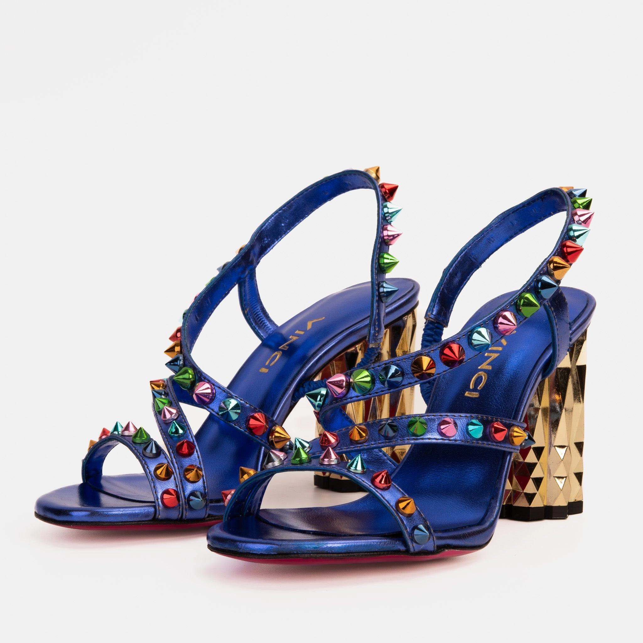 The Caris Sax Blue Block Heel Spike Leather Women Sandal Final Sale! All Day Comfort Padding Spring Ready