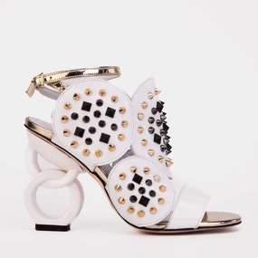 The Infanta White Spike Leather Ankle Strap Women Sandal Yellow Warm