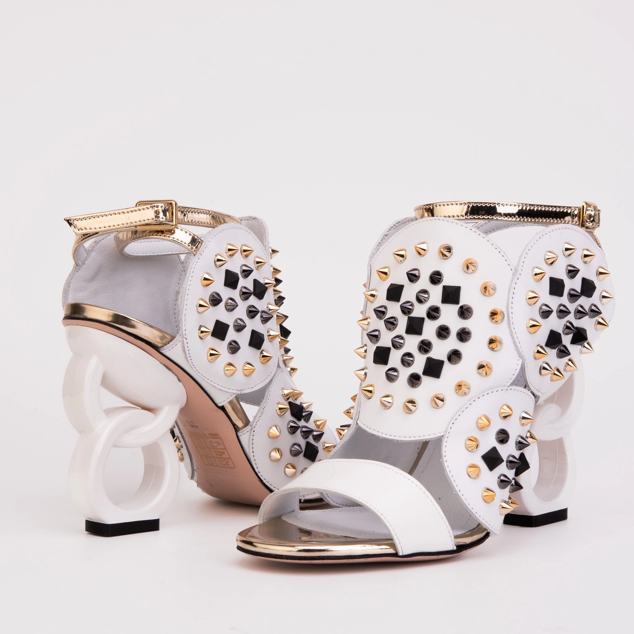 The Infanta White Spike Leather Ankle Strap Women Sandal Travel Footwear Non Slip Tread Geometry