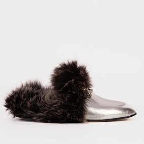 Comfort Padding Trendy Look The Izmir Silver Leather Natural Fur Women Slipper