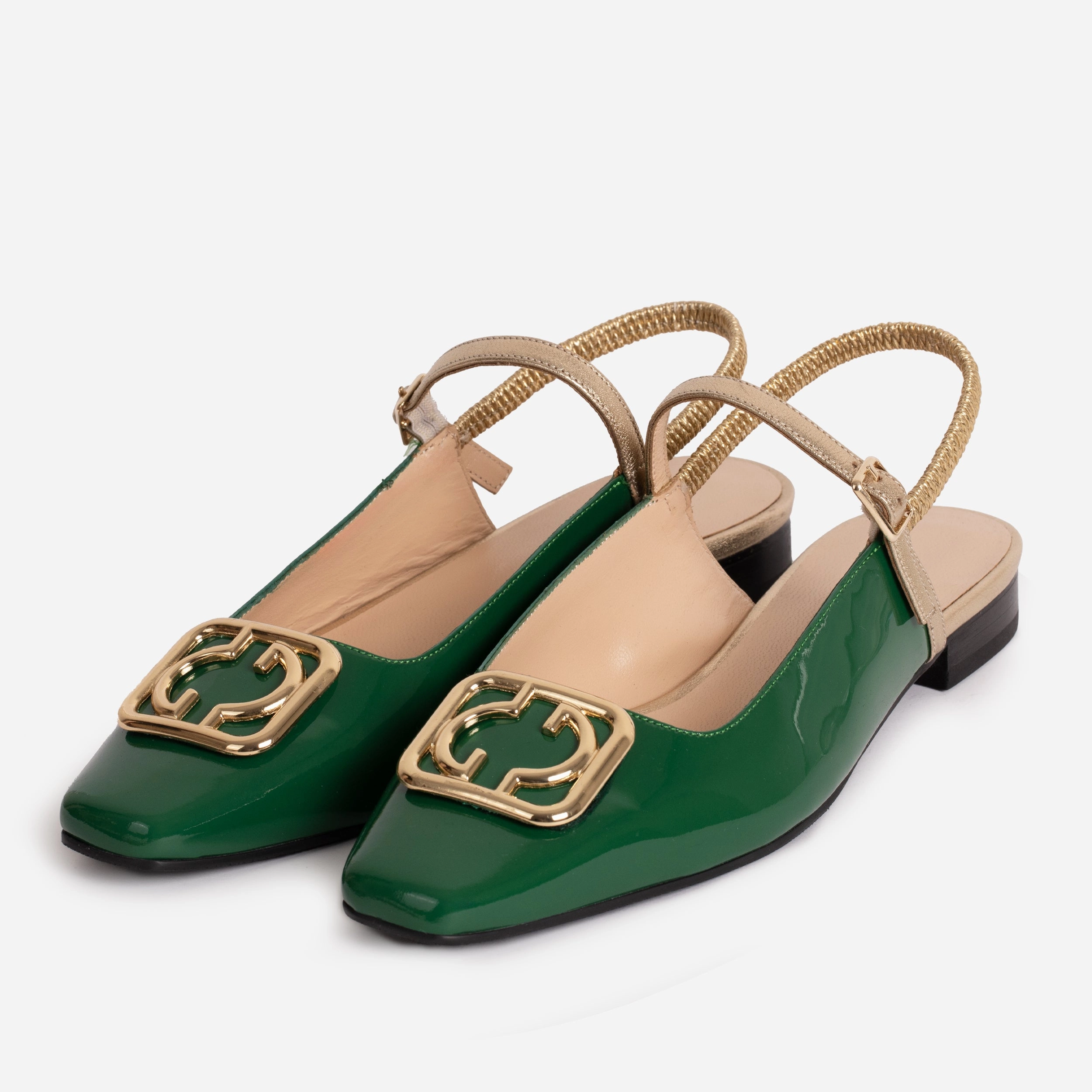 The Rosalinda Green Patent Leather Women Flat Slingback Shoe Jog Step Harvest Day