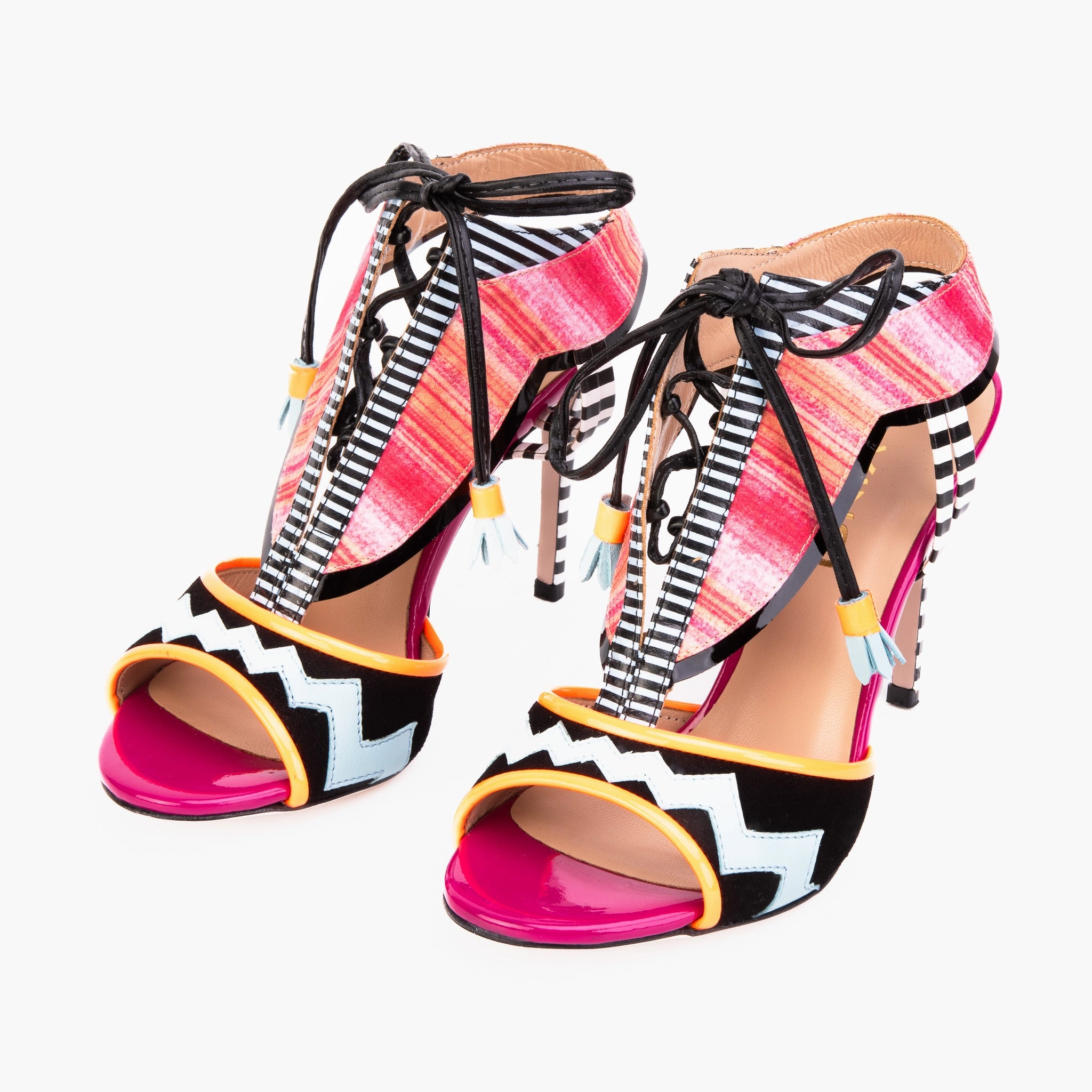 The Santa Amaro Multicolor T-Strap Lace-Up Leather Women Sandal Recycled Fabric Webbing
