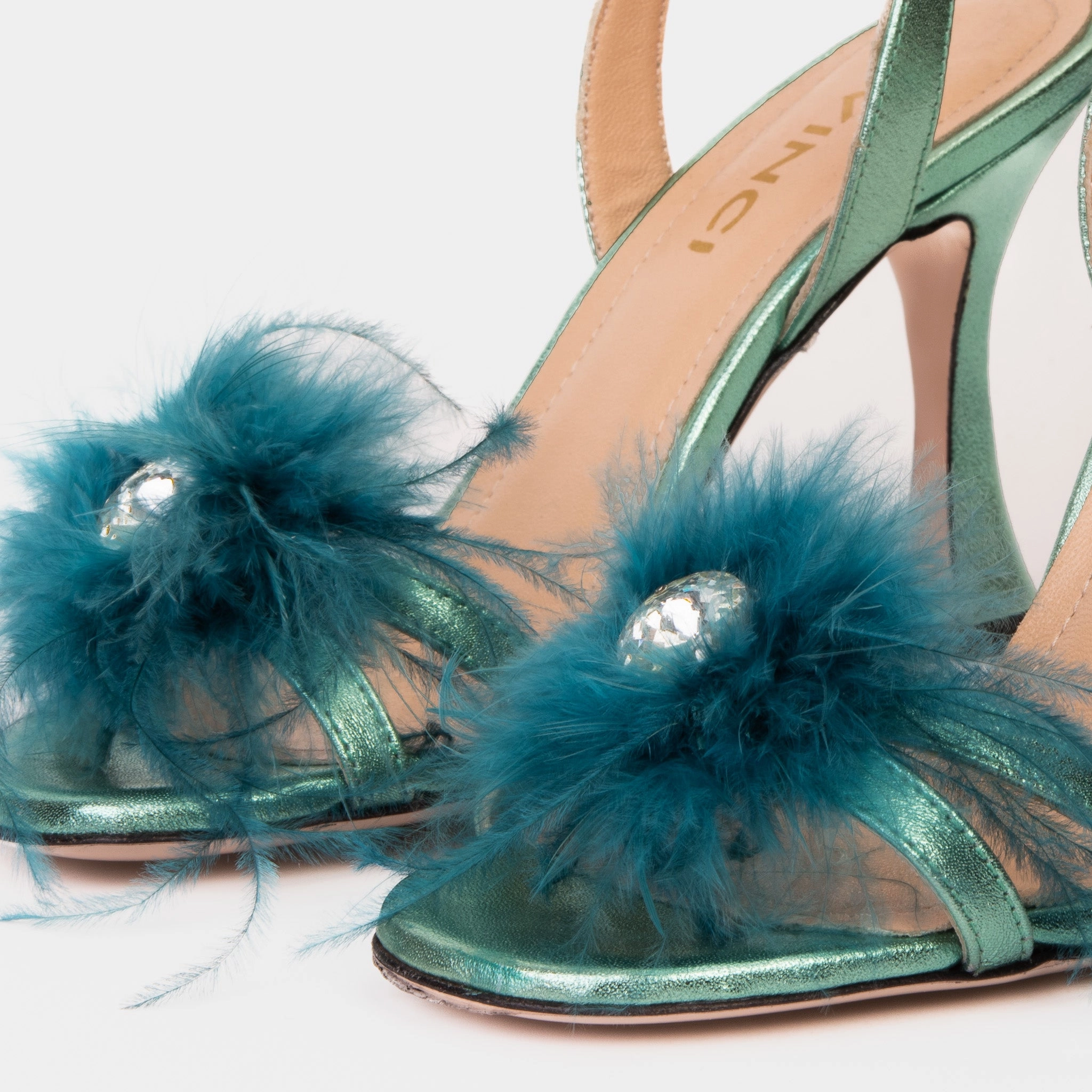 The Siena Turquoise Leather Ankle Strap Plumed Women Sandal Final Sale! Contoured Arch Shape Stay Breezy
