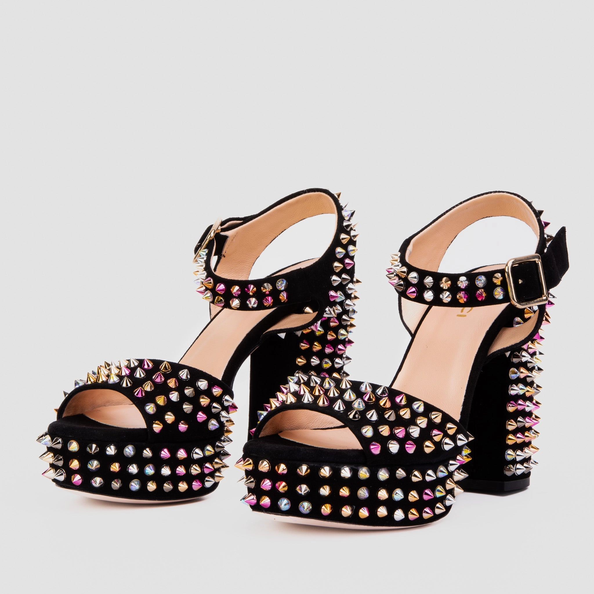 The Tampico Black Suede Leather Spike Platform Heel Women Sandal Gold Touch