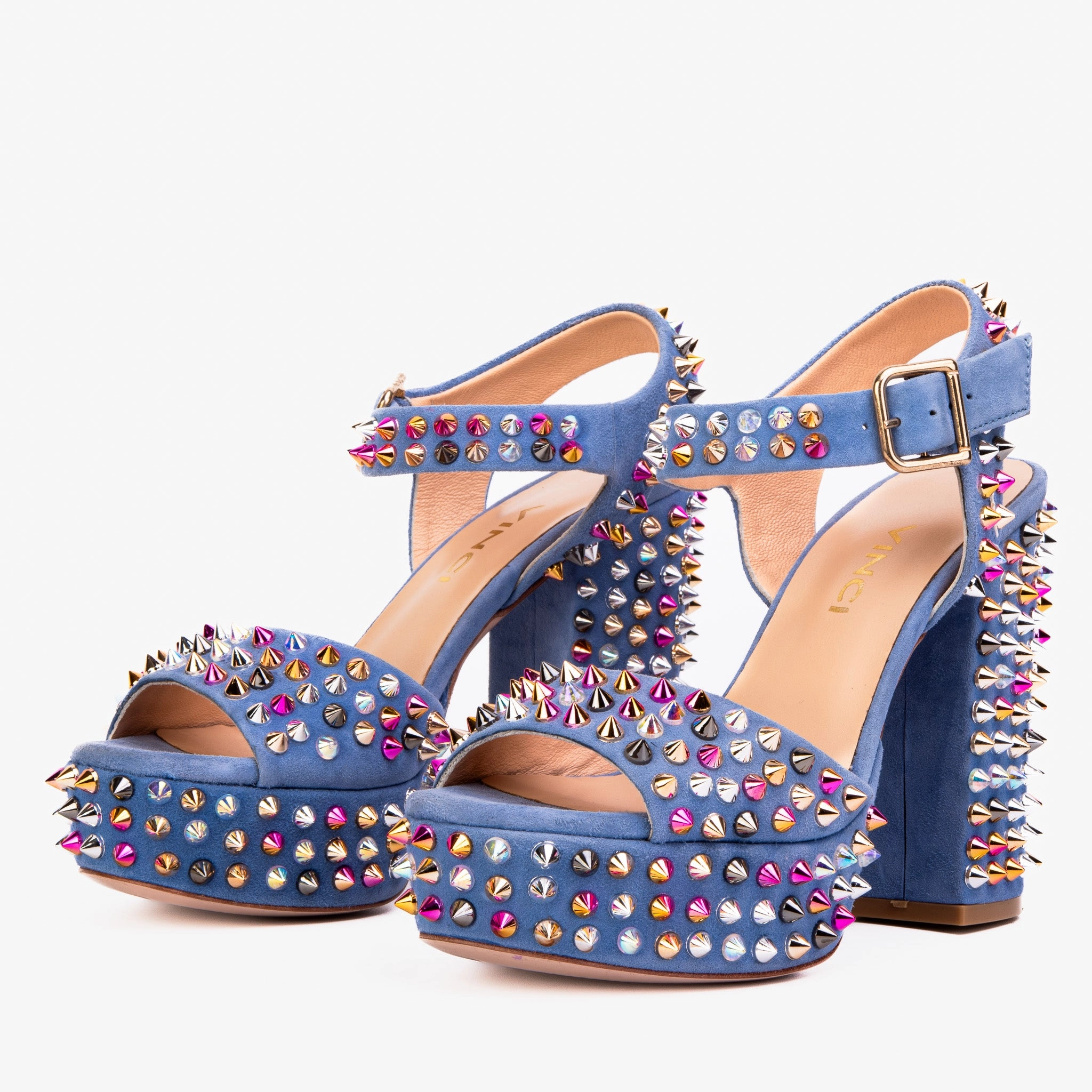 The Tampico Blue Suede Leather Spike Platform Heel Women Sandal Holiday Mood