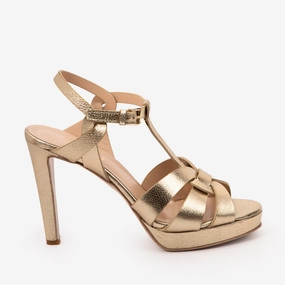 The Parisian Gold Leather T-Strap Platform Heel Women Sandal Low Profile Sidewalls