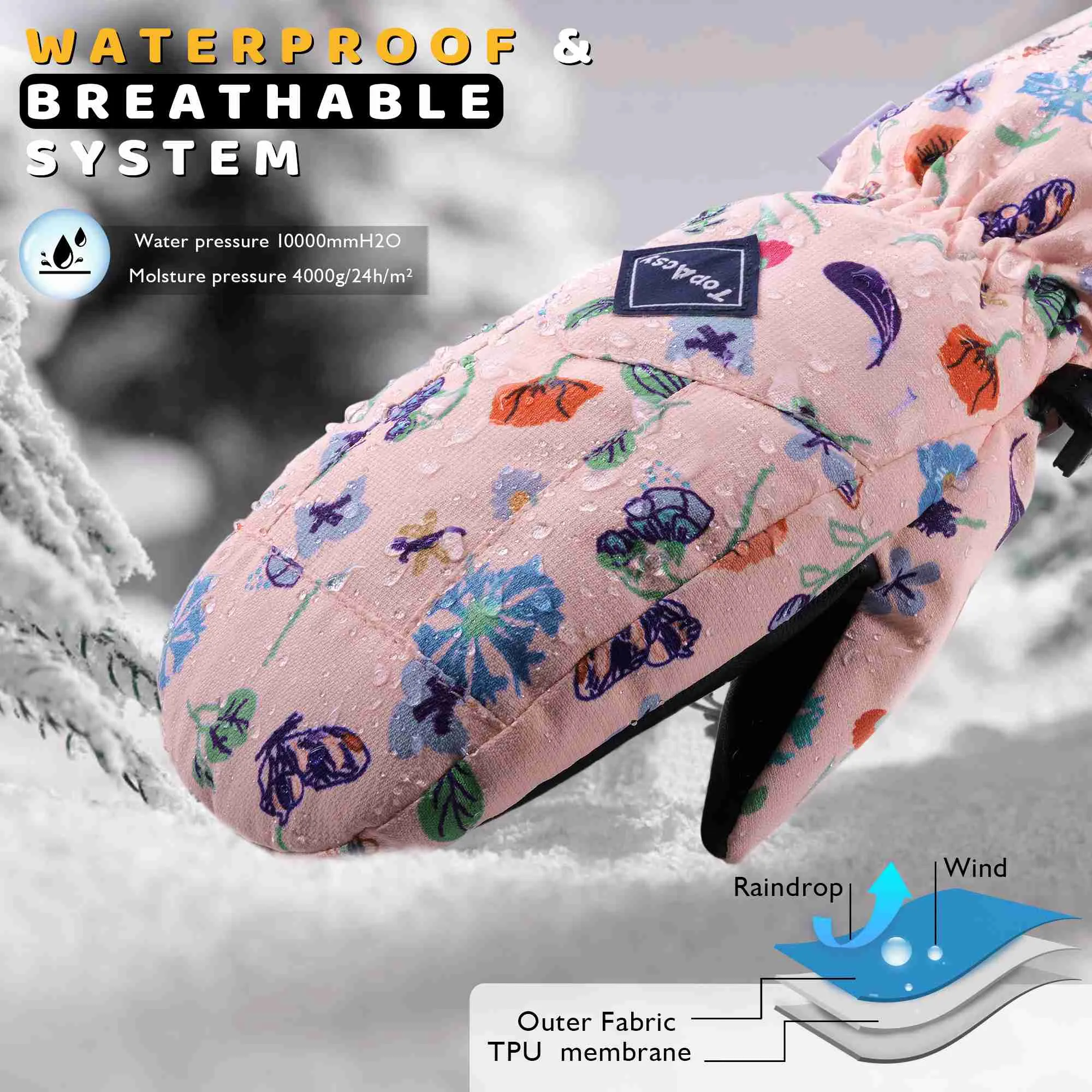 TopAcsy Kids Ski Mittens Waterproof Warm Winter Snow Mittens for Boys Girls