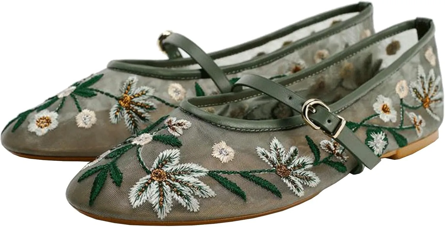 Trendenzy Womens Mesh Ballet Flats Shoes Embroidered Floral Mary Jane Flat Round Toe Ankle Strap Ballerina Shoes