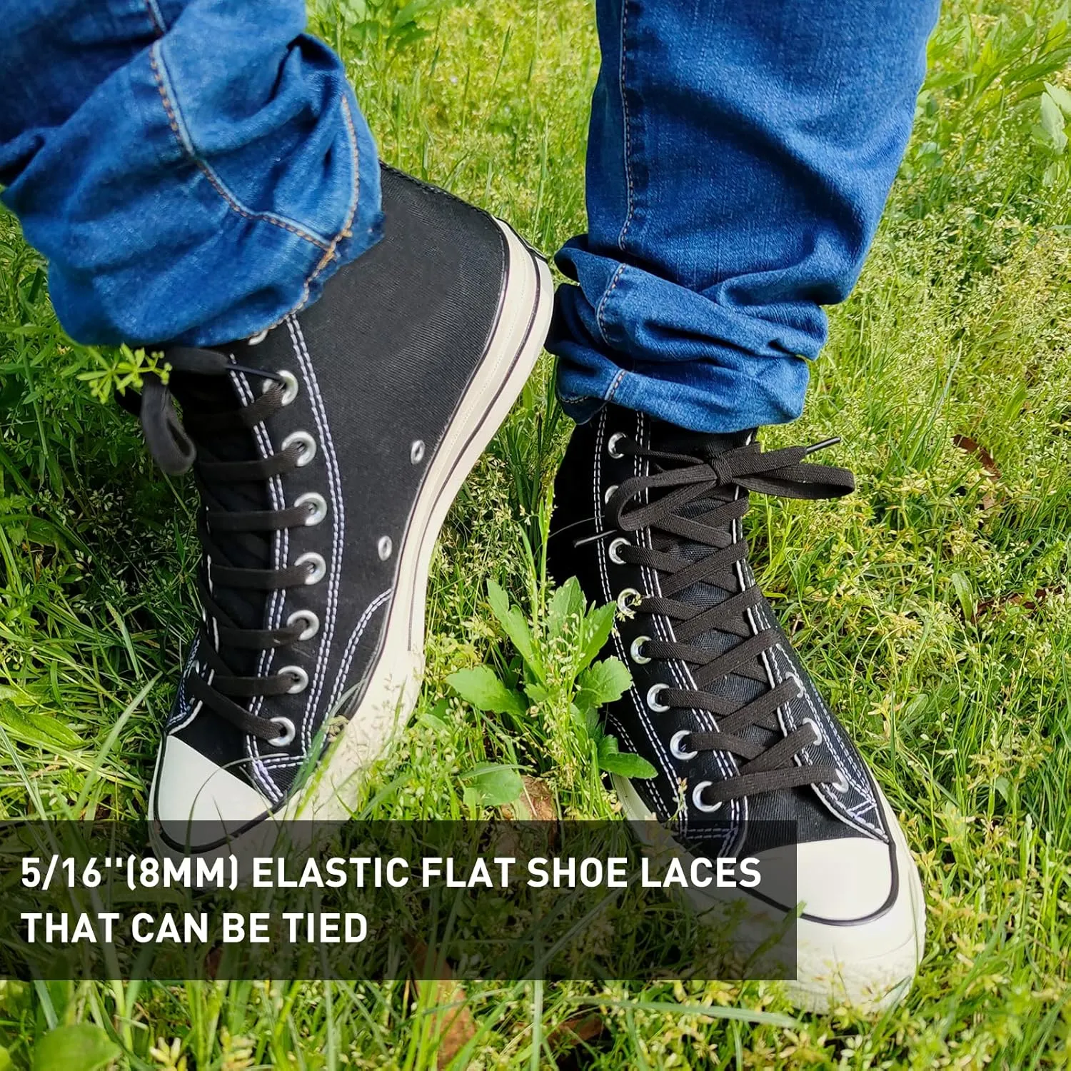 UamGlsob 2 Pairs 5/16" Wide Elastic Shoe Laces Replacement Laces for Converse High Tops, Stretch Flat Shoelaces Shoe Strings