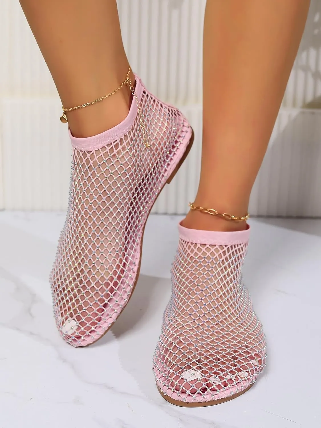 Ultra Comfortable Shiny Gem Mesh Flats for Women,Fashion Diamonds Mesh Fishnet Shoes Casual Elasticity Slip On Mesh Flat Shoes