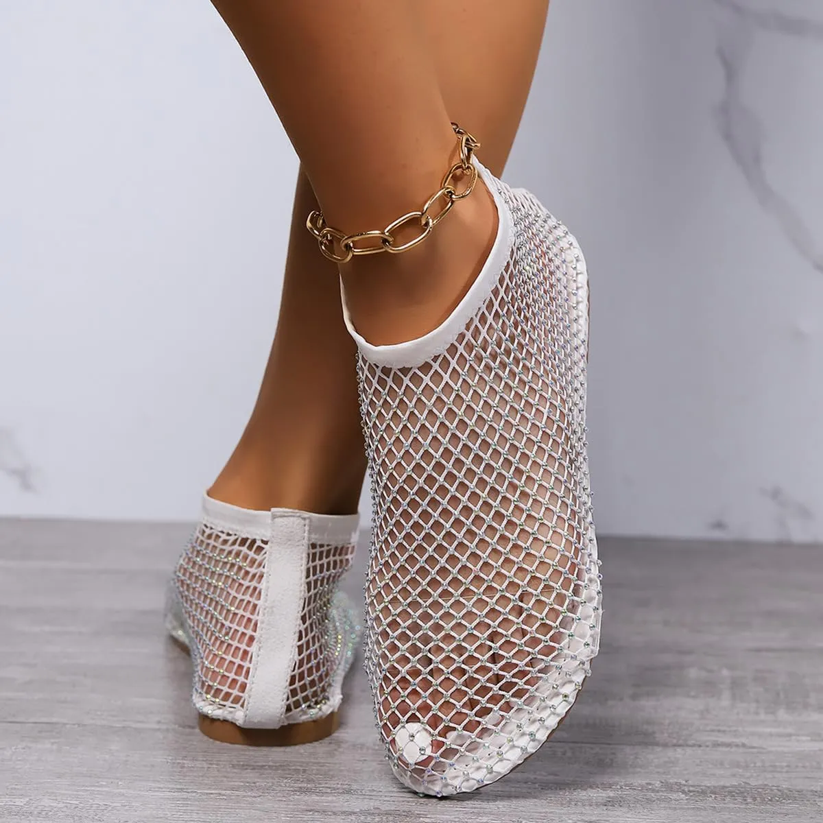 Ultra Comfortable Shiny Gem Mesh Flats for Women,Fashion Diamonds Mesh Fishnet Shoes Casual Elasticity Slip On Mesh Flat Shoes