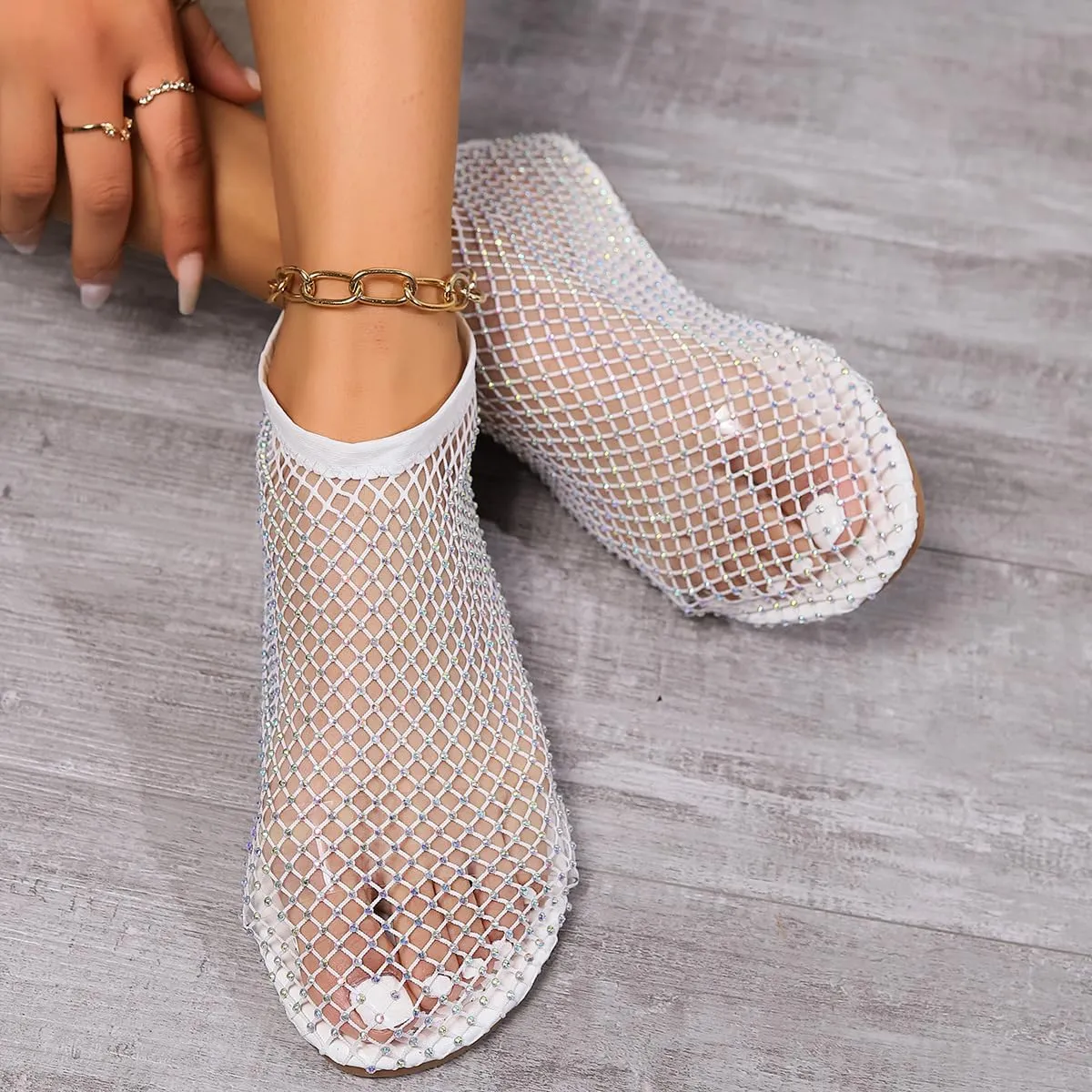 Ultra Comfortable Shiny Gem Mesh Flats for Women,Fashion Diamonds Mesh Fishnet Shoes Casual Elasticity Slip On Mesh Flat Shoes