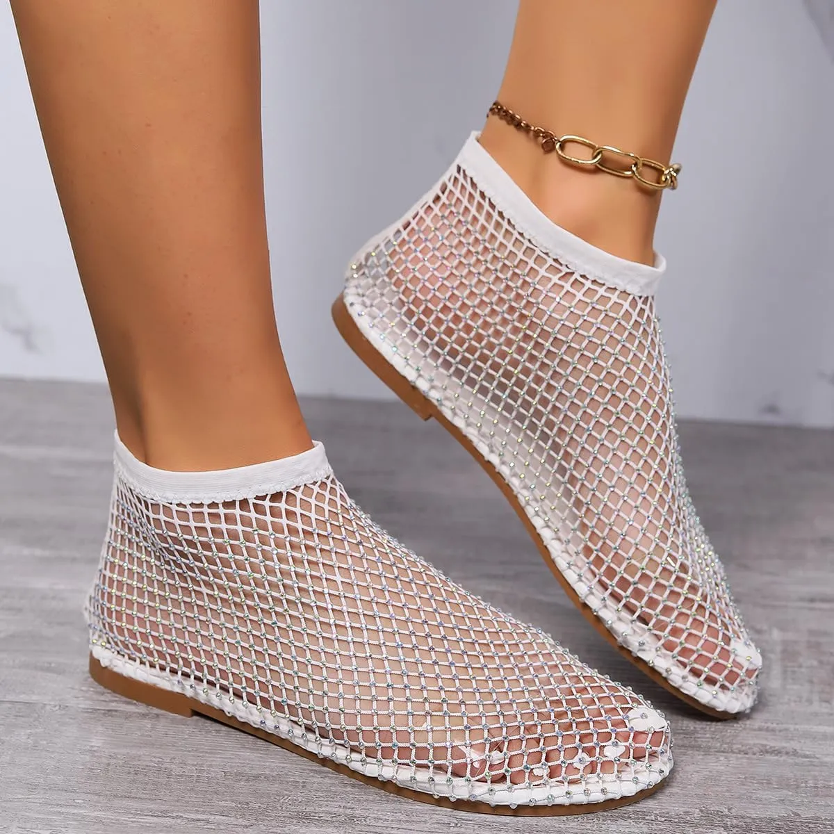 Ultra Comfortable Shiny Gem Mesh Flats for Women,Fashion Diamonds Mesh Fishnet Shoes Casual Elasticity Slip On Mesh Flat Shoes