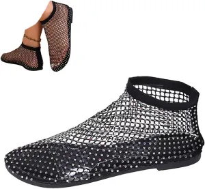 Ultra Comfortable Shiny Gem Mesh Flats for Women,Fashion Diamonds Mesh Fishnet Shoes Casual Elasticity Slip On Mesh Flat Shoes