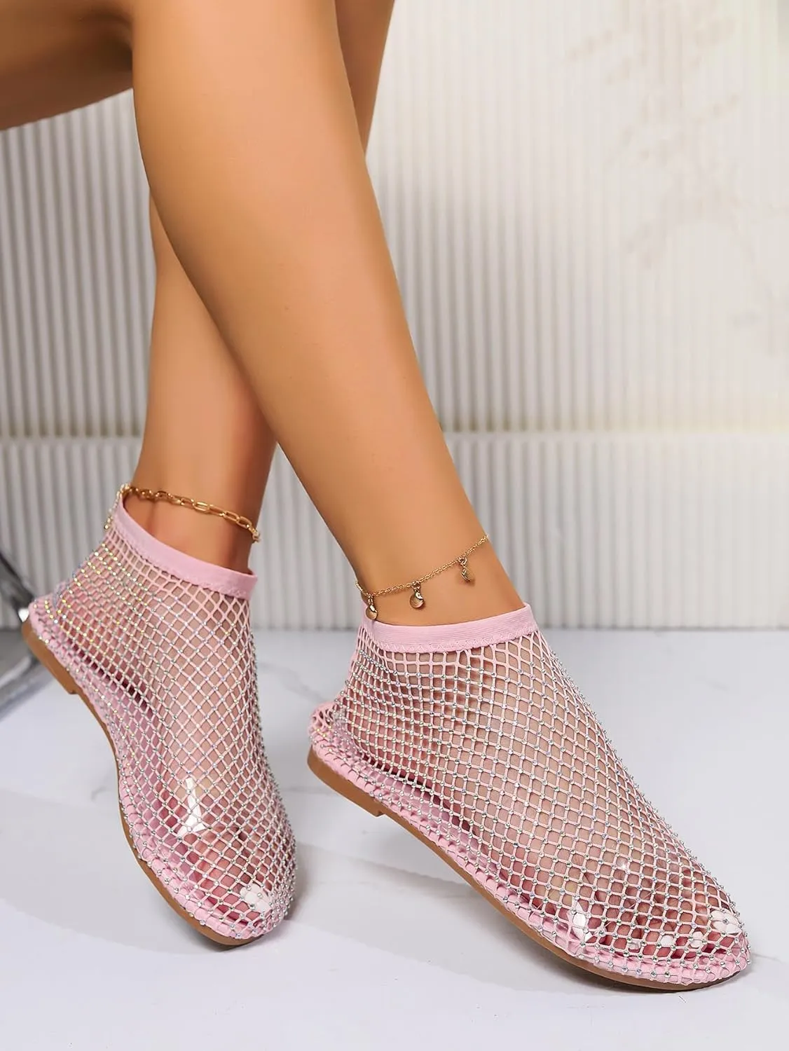 Ultra Comfortable Shiny Gem Mesh Flats for Women,Fashion Diamonds Mesh Fishnet Shoes Casual Elasticity Slip On Mesh Flat Shoes