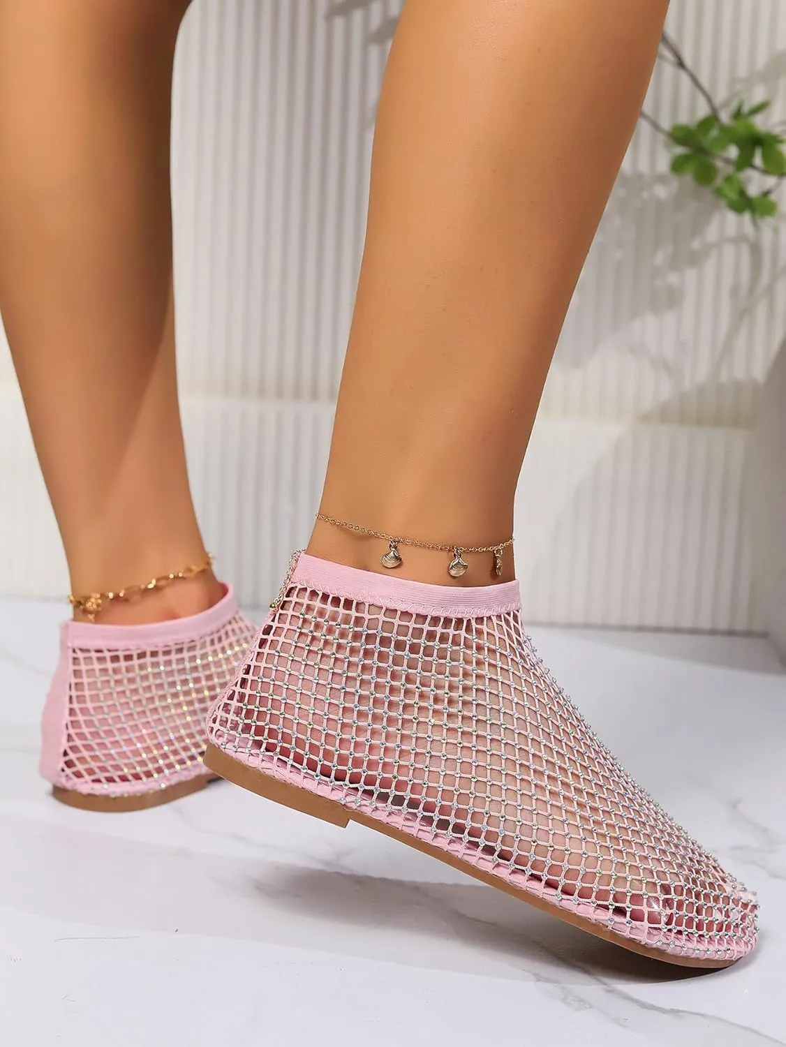Ultra Comfortable Shiny Gem Mesh Flats for Women,Fashion Diamonds Mesh Fishnet Shoes Casual Elasticity Slip On Mesh Flat Shoes