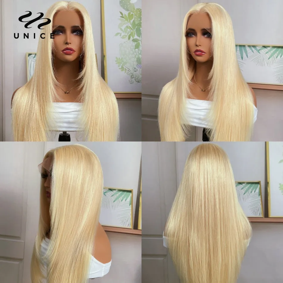 UNice Hair 613 Blonde Bone Straight Lace Front Wigs With Layer Inner Buckle Virgin Human Hair Transparent Glueless
