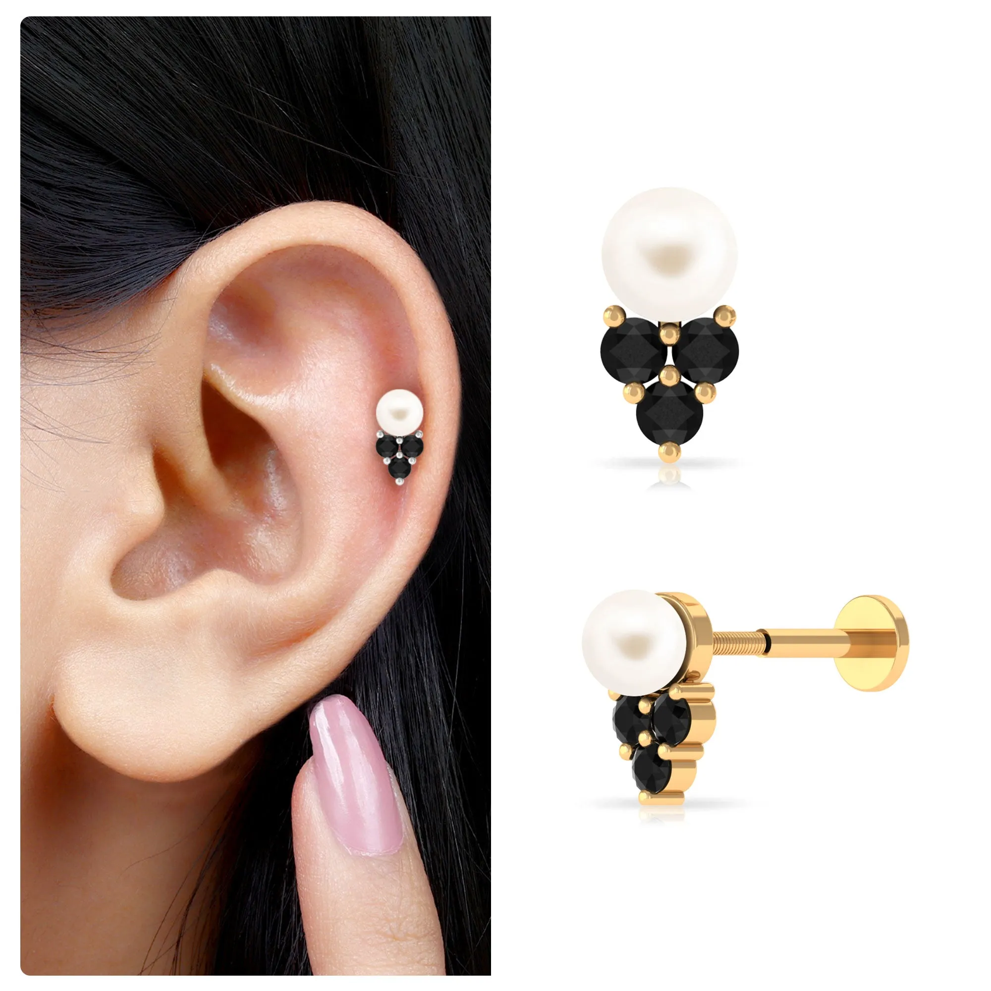 Unique Freshwater Pearl Helix Earring with Black Spinel