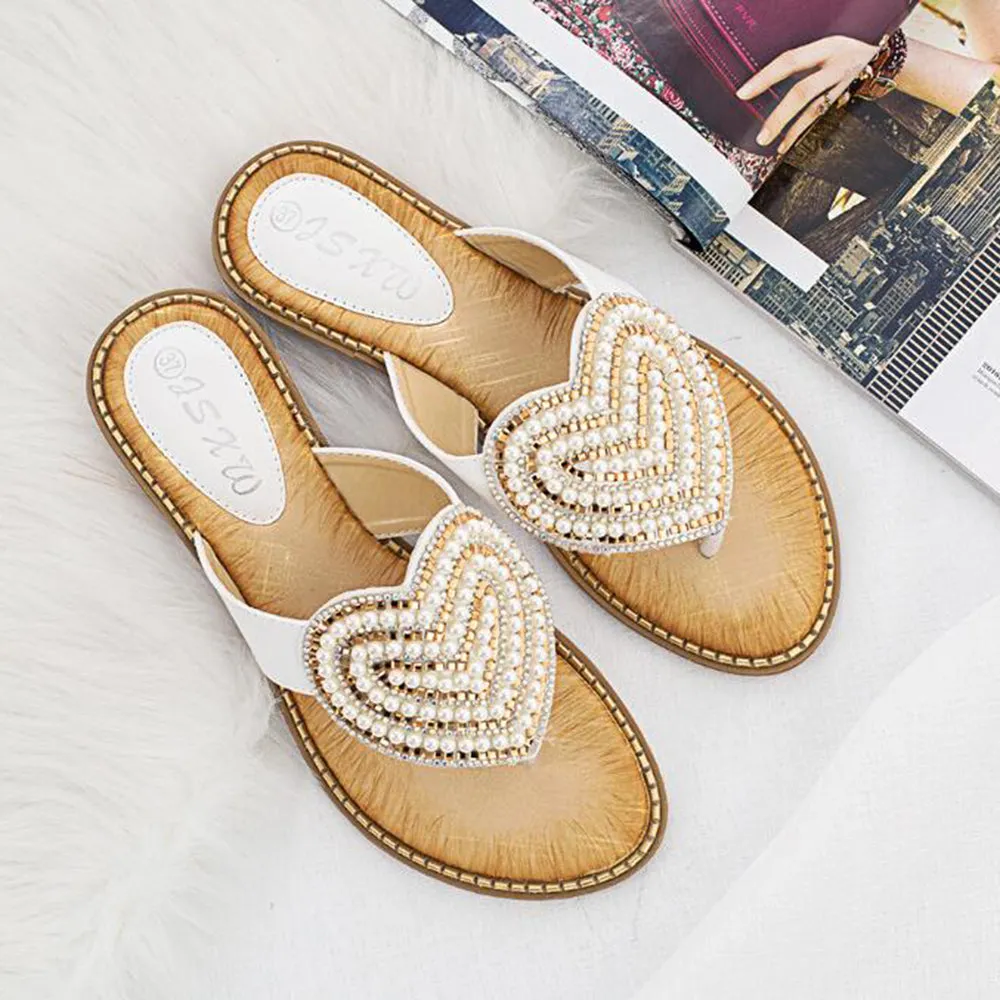 Vanccy Rhinestone Love heart Flip Flops