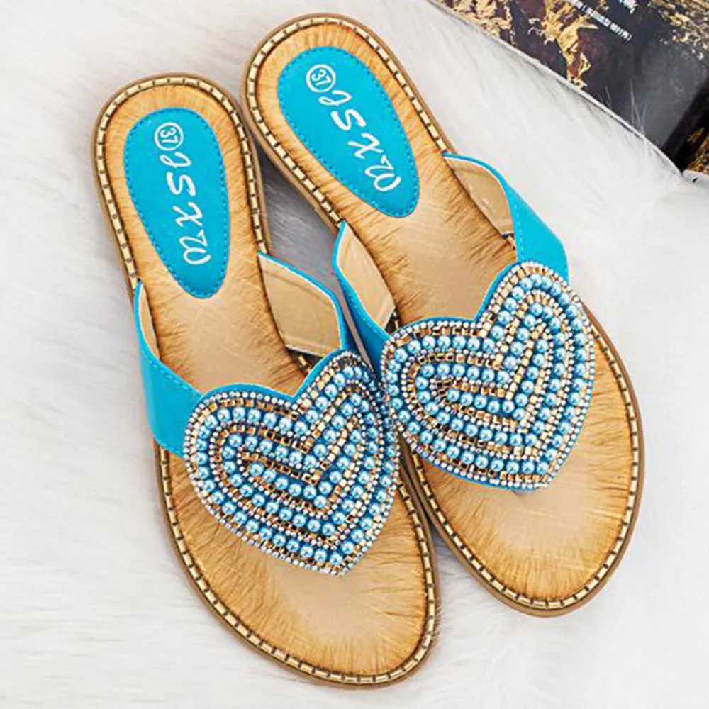 Vanccy Rhinestone Love heart Flip Flops