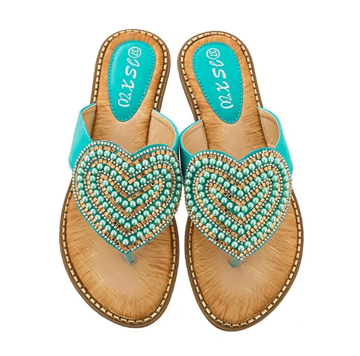 Vanccy Rhinestone Love heart Flip Flops