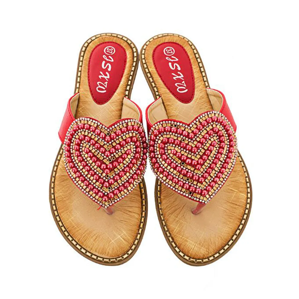 Vanccy Rhinestone Love heart Flip Flops