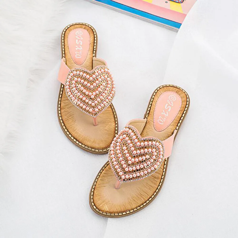 Vanccy Rhinestone Love heart Flip Flops