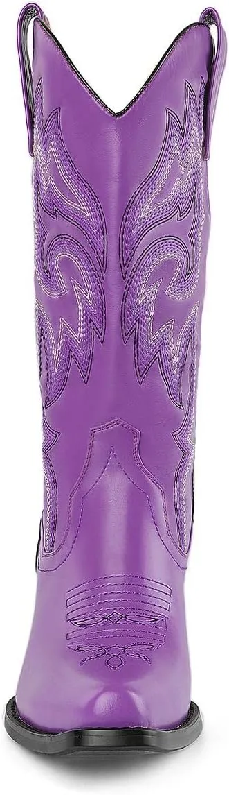 VARECOLA Cowboy Boots For Women Vintage Embroidery Mid Calf Cowgirl Boots Snip Toe Pull On Chunky Heel Western Boots