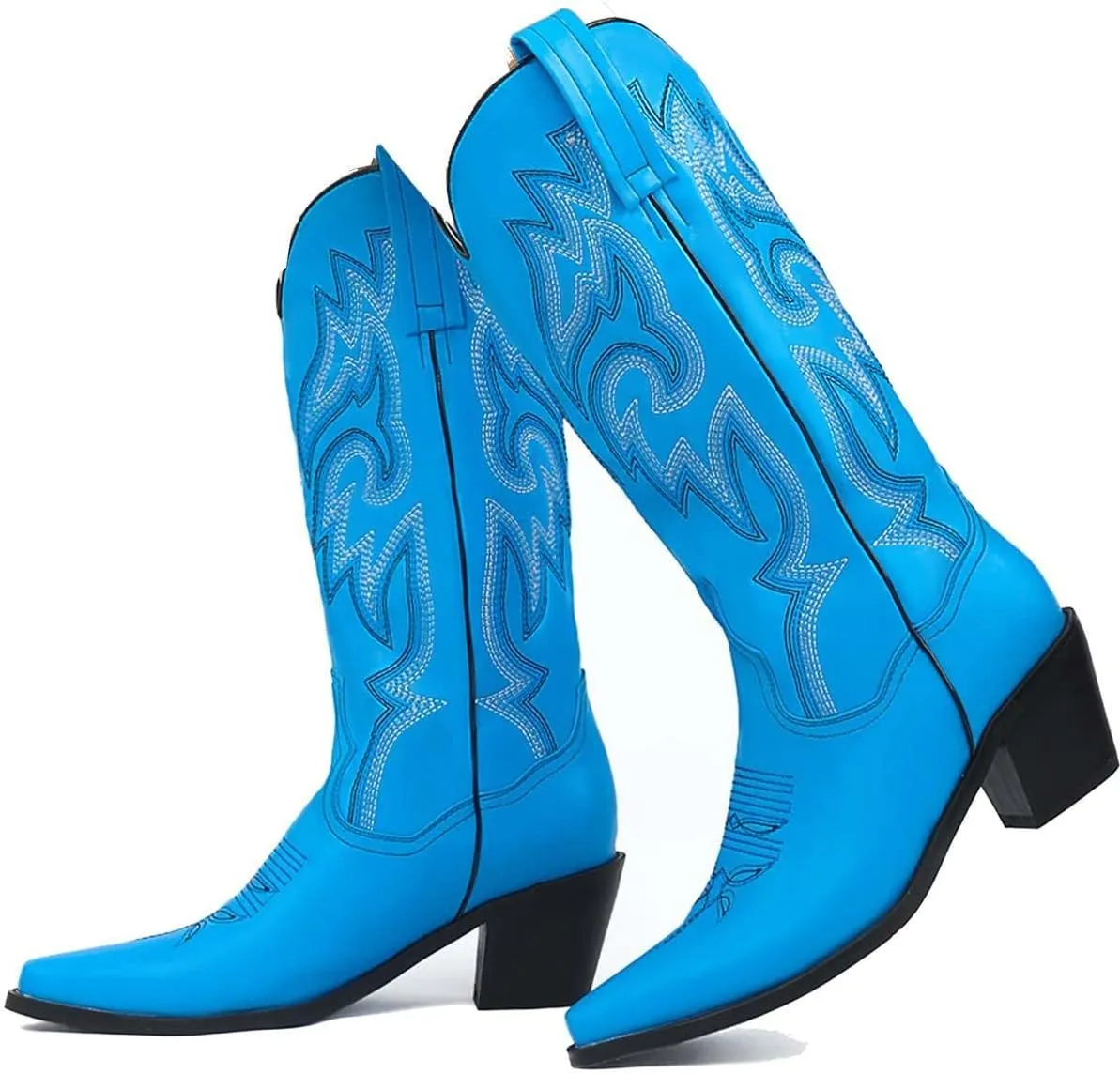 VARECOLA Cowboy Boots For Women Vintage Embroidery Mid Calf Cowgirl Boots Snip Toe Pull On Chunky Heel Western Boots
