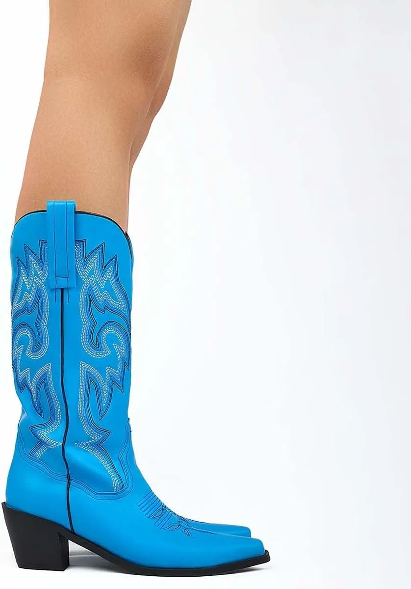 VARECOLA Cowboy Boots For Women Vintage Embroidery Mid Calf Cowgirl Boots Snip Toe Pull On Chunky Heel Western Boots