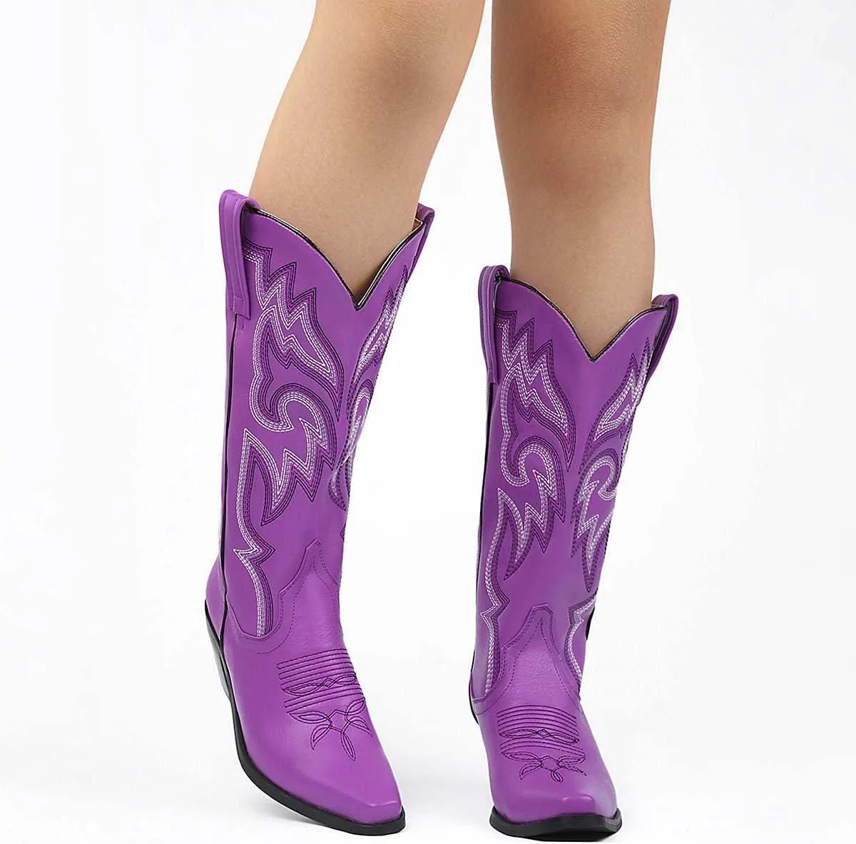 VARECOLA Cowboy Boots For Women Vintage Embroidery Mid Calf Cowgirl Boots Snip Toe Pull On Chunky Heel Western Boots