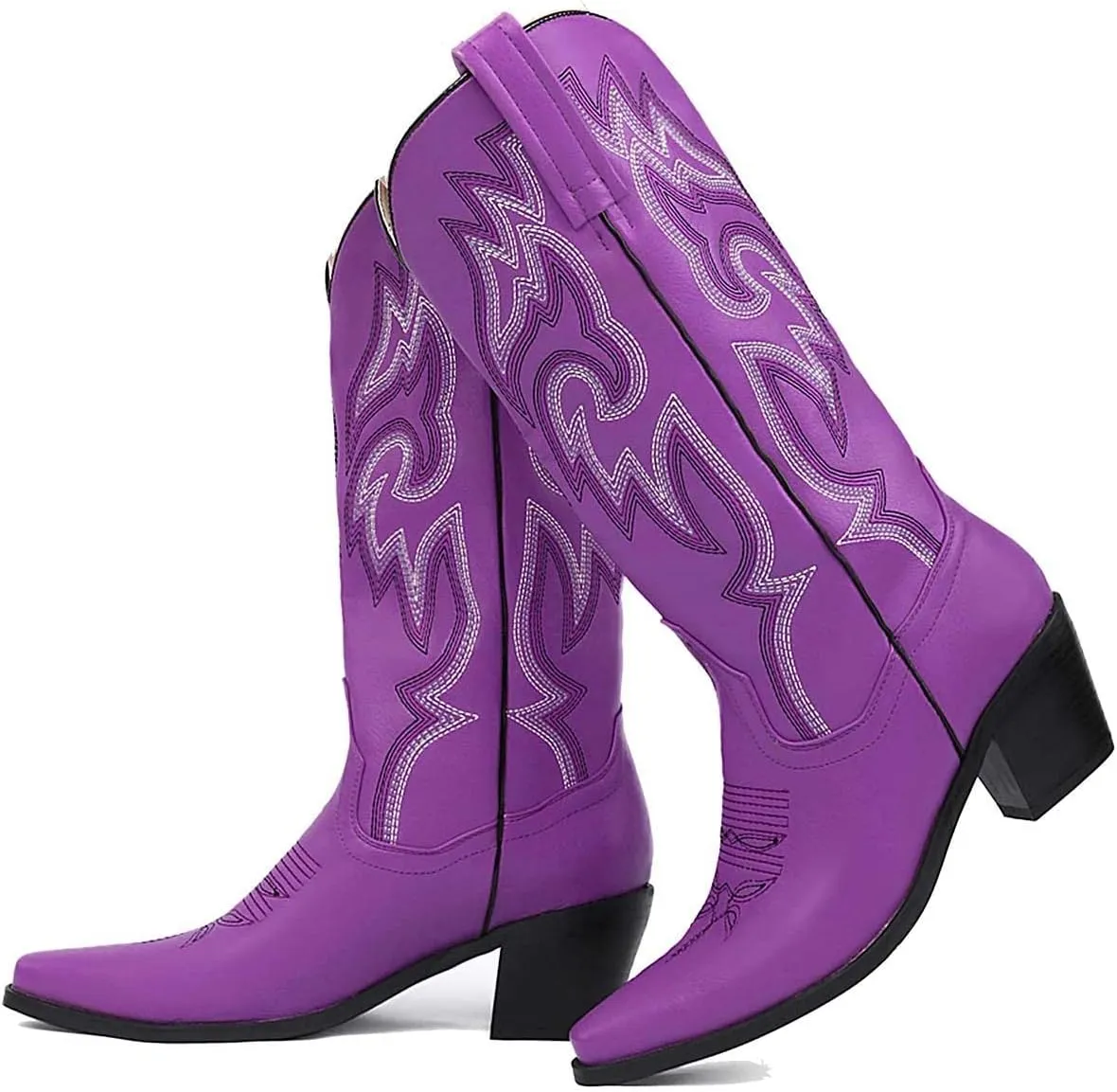 VARECOLA Cowboy Boots For Women Vintage Embroidery Mid Calf Cowgirl Boots Snip Toe Pull On Chunky Heel Western Boots