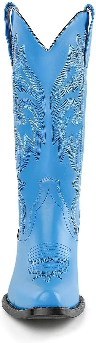 VARECOLA Cowboy Boots For Women Vintage Embroidery Mid Calf Cowgirl Boots Snip Toe Pull On Chunky Heel Western Boots