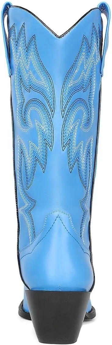 VARECOLA Cowboy Boots For Women Vintage Embroidery Mid Calf Cowgirl Boots Snip Toe Pull On Chunky Heel Western Boots