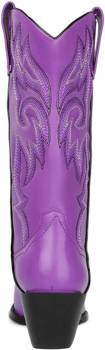 VARECOLA Cowboy Boots For Women Vintage Embroidery Mid Calf Cowgirl Boots Snip Toe Pull On Chunky Heel Western Boots
