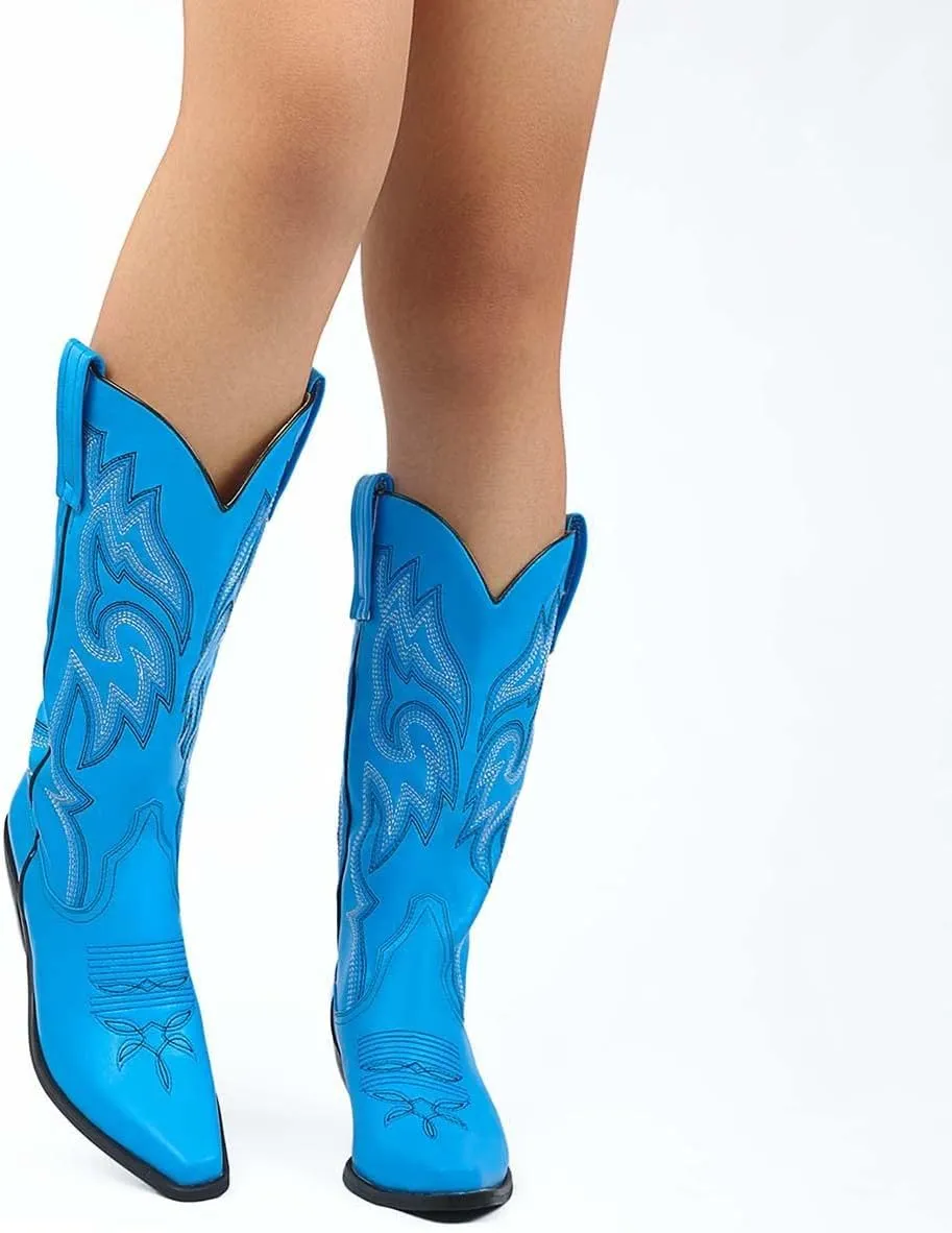 VARECOLA Cowboy Boots For Women Vintage Embroidery Mid Calf Cowgirl Boots Snip Toe Pull On Chunky Heel Western Boots