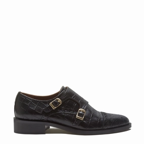 Reinforced toe cap sole - type Vend?me Sophie croco black calfskin leather double monk shoes