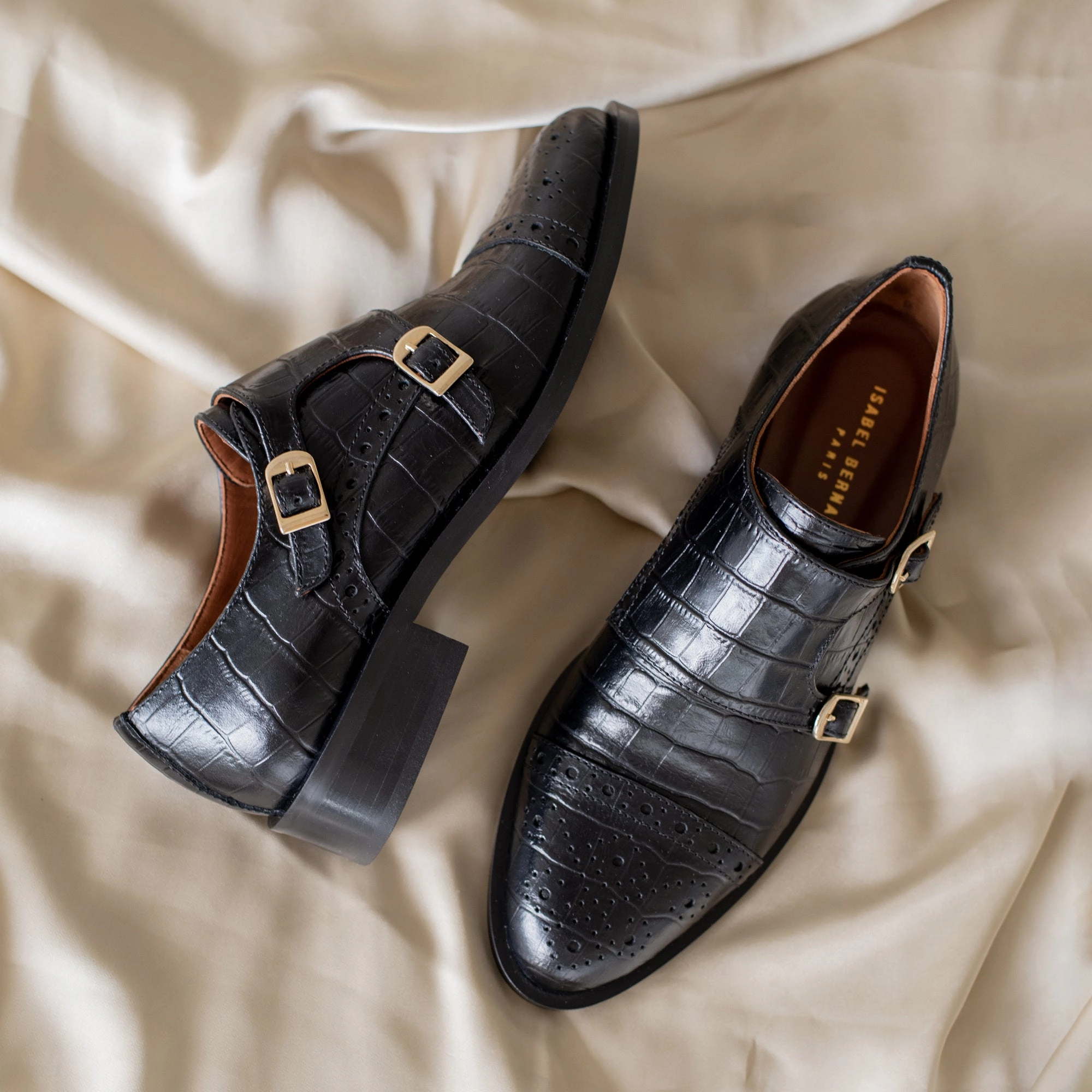 Vend?me Sophie croco black calfskin leather double monk shoes Chic Comfort