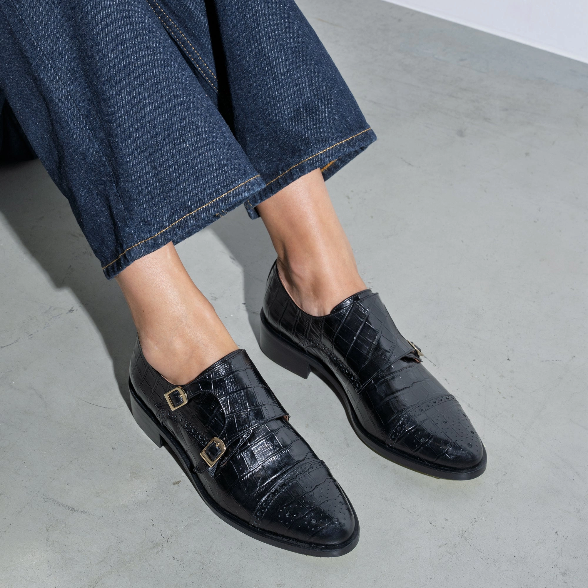Vend?me Sophie croco black calfskin leather double monk shoes senior - style