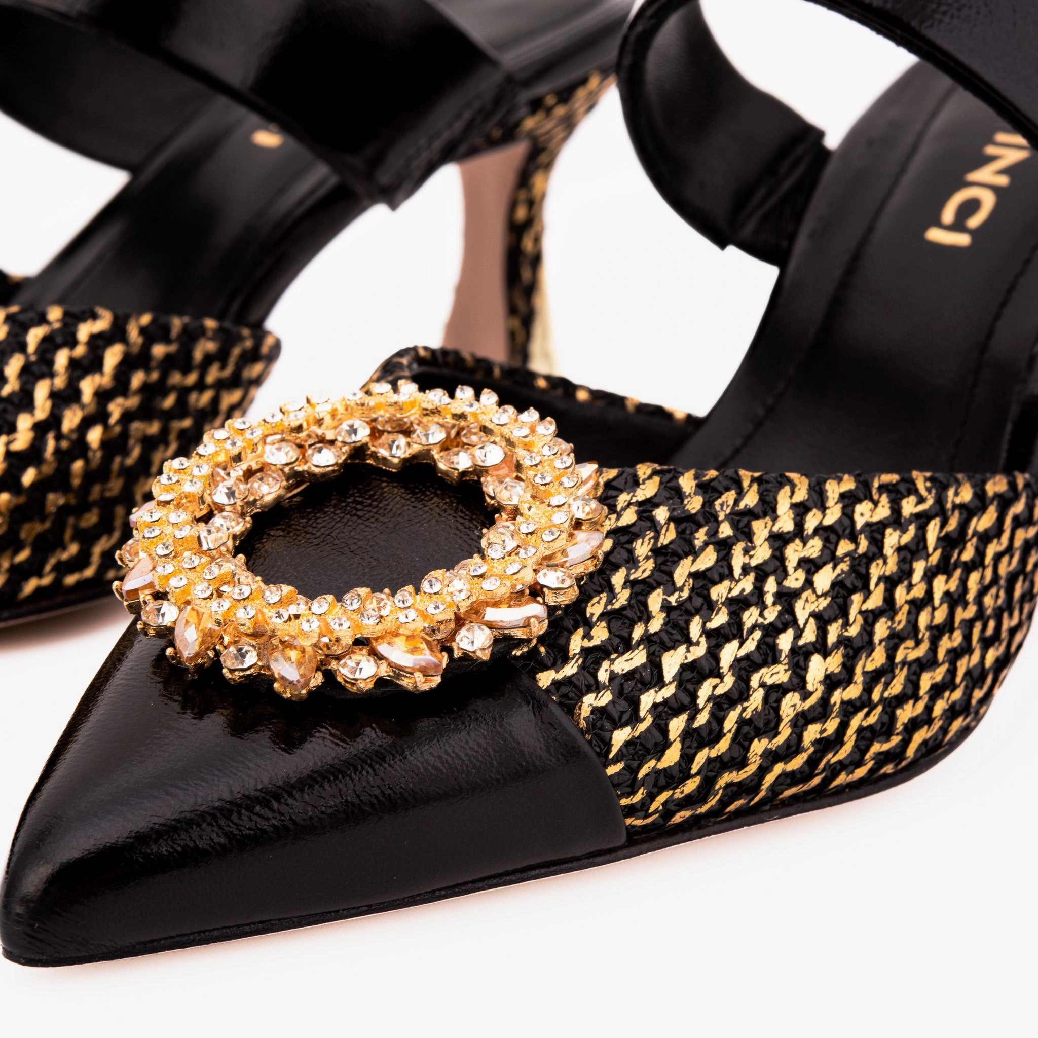 The Valencia Black & Gold Jewel Heel Women Mule Sandal hook and loop closure Comfortable Straps