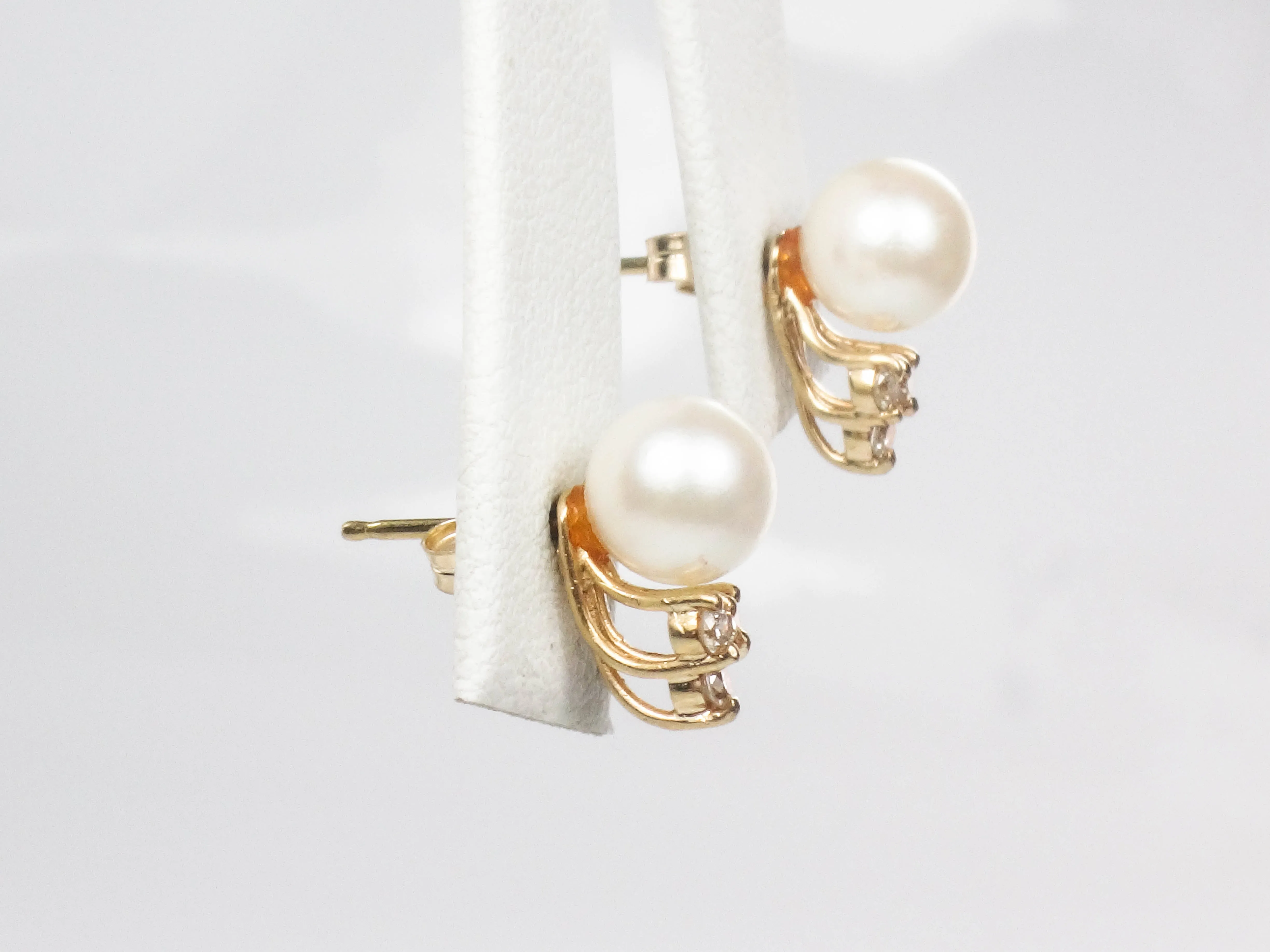 Vintage 14k Gold Cultured Pearl and Diamond Stud Earrings, June Birthstone Earrings