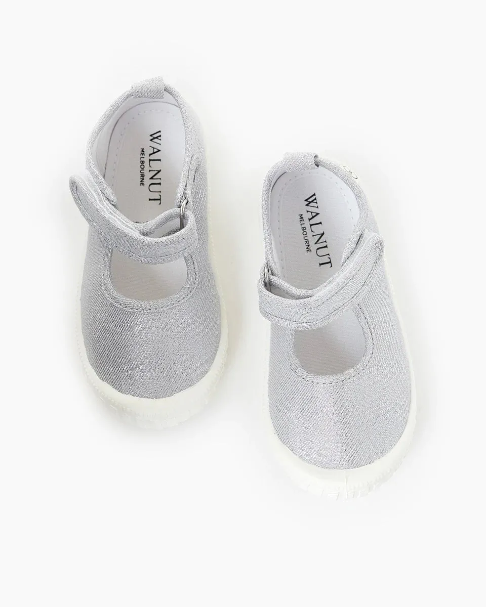 Walnut Canvas Mary Jane Metallic Silver